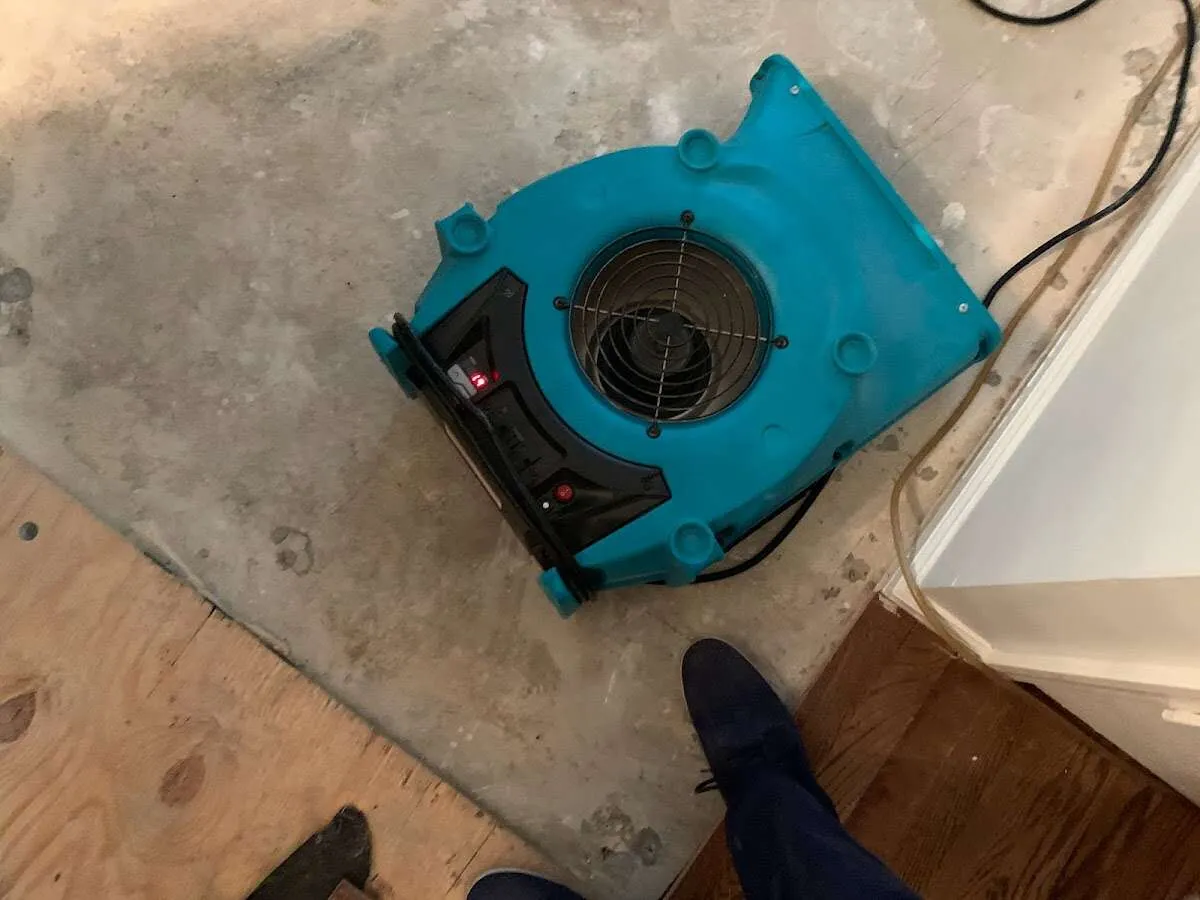 Air mover drying subfloor during Leak Detection & Repair in Lisle